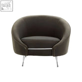 Dark brown velvet cocoon chair with sleek chrome legs and silver stripe perfect for stylish grey velvet cocoon seating