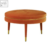 Manhattan orange velvet footstool with orchid-colored velvet tufted top and gold-accented legs velvet footstool