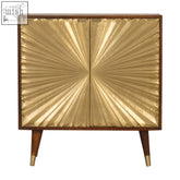 Manila gold chest of drawers with gold sunburst pattern and wooden frame made of solid mango wood