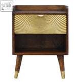 Manila gold bedside table with dark wood frame sunburst gold drawer front and nordic style legs for bedroom use