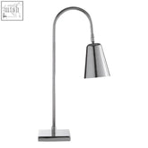 Mano silver table lamp with a sleek polished chrome finish and curved neck silver table lamp design