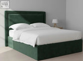 Deep green velvet manor headboard with tufted design and storage base perfect for stylish bedroom setup