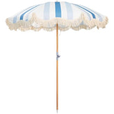 A stylish mansader 2m garden umbrella parasol with light blue white stripes cream fringe and a premium wood pole