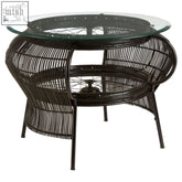 Mantis black finish round black wicker coffee table with glass top and iron base finished lower shelf