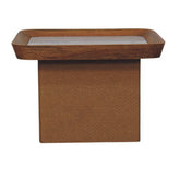 Rectangular wooden coffee table tray with light gray glass insert and textured brown fabric base for chatai use