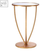 Marcia mirror top and gold frame side table with round mirrored top and gold metal frame legs in slender design