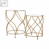 Gold finished marcia side tables with glass tops and intricate woven wire design featuring curving metal details