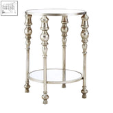 Silver finished marcia two tier side table with ornate turned legs and mirrored shelves perfect for boutique hotel home furnishings