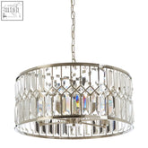 Marentina round chandelier with a sleek stainless steel frame and cascading clear crystal glass prisms in geometric pattern