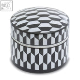 Marlo large black and white geometric print ceramic trinket box with matching lid in white geometric pattern