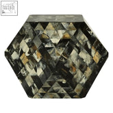 Hexagonal marlox mosaic geometric side table with black white and brown resin mosaic pattern