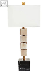 Modern marmo white fabric shade table lamp with white fabric shade cream stone panels and black marble base