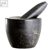 Marmore black marble tapered mortar and pestle set with smooth black marble tapered pestle inside rounded bowl