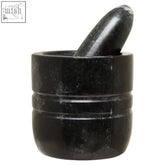 Black marble textured marmore mortar and pestle set with smooth rounded pestle inside cylindrical bowl