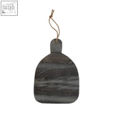Dark gray rounded grey marble chopping board with natural stone texture and looped rope handle for easy hanging