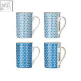 Set of four blue mugs with white geometric patterns made of ceramic called maroc blue mugs perfect for daily use