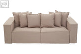 Beige upholstered two-seater sofa with plush cushions and clean lines in the marseille 3-seat grey sofa range