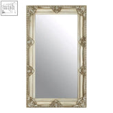 Antique white ornate marseille champagne bead and reel wall mirror with intricate floral and scrollwork detailing frame