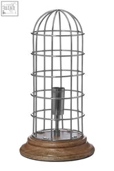 Marston small table lamp with a polished chrome cylindrical metal cage and wooden base small table lamp design