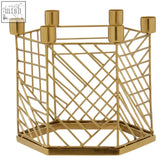 Gold-toned hexagonal candle holder with six cylindrical cups perfect for stylish candle display