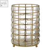 Gold-toned metal grid large hurricane lamp with clear glass panels and rounded feet for stylish home decor