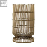 Gold-toned wire candle holder with woven basket-like design and flared base perfect for wire candle display