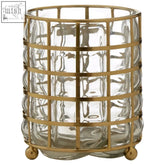 Gold-toned small wireframe hurricane lamp with grid-patterned glass and rounded feet perfect for candles