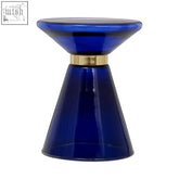 Deep blue glass martini side table with gold-toned metallic ring and hourglass profile for serving everyday use