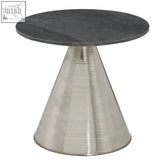 Martini table with grey marble top and a textured silver metal base for a modern stylish look