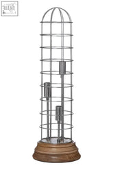 Silver metal cage large table lamp with vertical rods and wooden base perfect for large table lighting