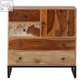 Marwar mango wood sideboard with reclaimed wood patchwork drawers in rustic tones and black metal legs