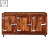 Brown sheesham wood marwar sideboard with three doors silver handles and caster wheels for easy mobility