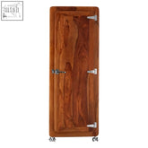 Marwar tall cabinet with a natural wood finish, rich reddish-brown color, and silver metal hinges on the front door