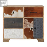 Rustic marwar tall sideboard with four drawers in cowhide, carved wood, and stained wood patchwork design