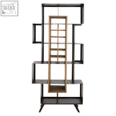 Mason black iron frame shelf unit with modern black iron geometric bookshelf in black and gold finish