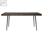 Dark wood mason dining table with slender black iron base legs perfect for stylish dining spaces