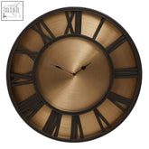 Mateo black and antique gold large wall clock with bronze finish and black roman numeral hour markers minimalist design
