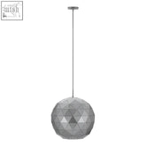 Mateo medium silver finish pendant light with a sleek geometrically faceted spherical silver finish pendant design
