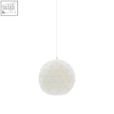 Medium white pendant light featuring a white geometric spherical faceted design perfect for modern spaces