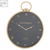 Mateo pocket watch design large wall clock with sleek round dark gray face and gold roman numerals and frame