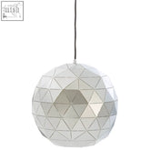 Mateo small silver finish pendant light with geometric white faceted spherical design made of metal panels