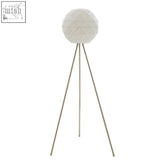 Mateo white finish floor lamp with a white geometric globe shade and slender metallic tripod base for modern lighting