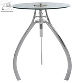 Maxi crank mechanism adjustable table with a sleek round glass top and chrome prong-shaped metal legs