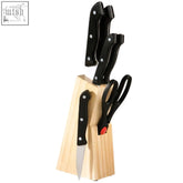 Maxima 6 piece knife and scissor set with black handles and stainless steel blades in a light wooden block