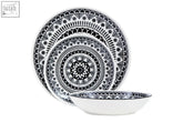 Set of three white ceramic dinnerware pieces with black mandala patterns from maya 12 piece black and white dinner set