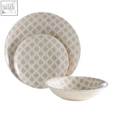 Set of three ceramic maya grey dinner set pieces with subtle gray geometric pattern on off-white base for dining