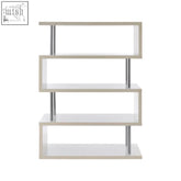 Modern white shelving unit with tier white gloss shelves and stainless steel poles for sleek minimalist storage
