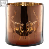 Medium brown stag candle holder made of amber glass with gold interior and embossed golden deer silhouettes, perfect for stag candle decor