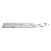 Medium white marble paddle serving board with natural stone handle and brown leather tie for chopping and serving