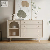 Beige meerveil sideboard with arched glass door and four drawers featuring vertical slats in mid-century style